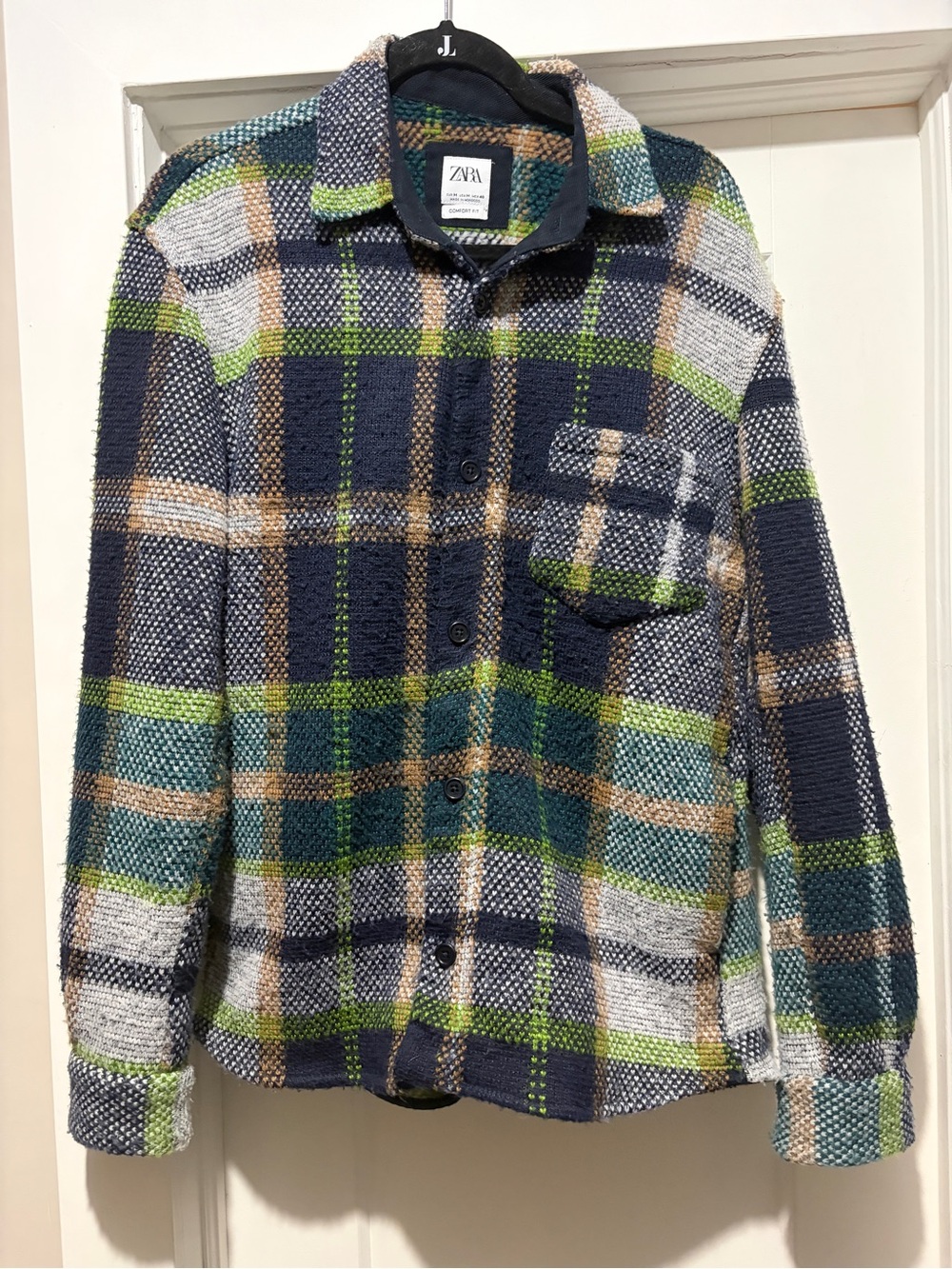 Zara Navy, Green & Cream Plaid Button-Front Jacket